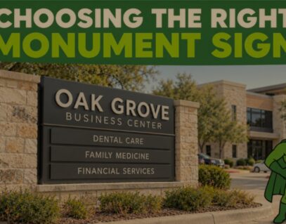 Stone monument sign with uniform tenant panels outside a commercial office building, with Sustainable Signman beside it and the headline “Choosing the Right Monument Sign.”