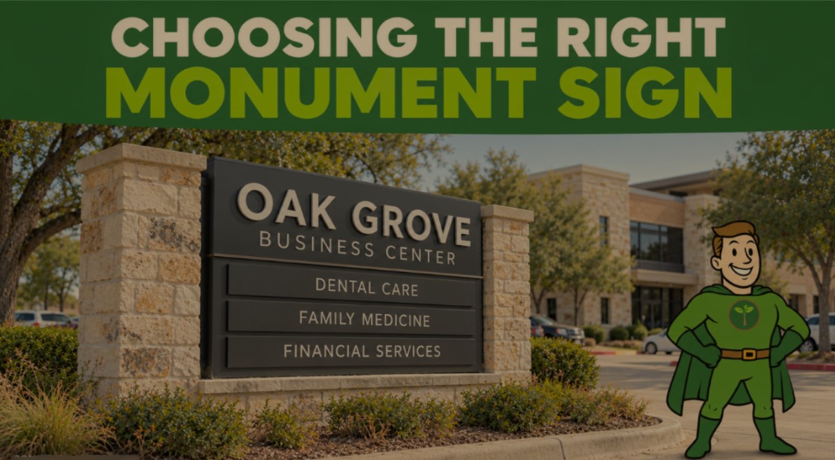 Stone monument sign with uniform tenant panels outside a commercial office building, with Sustainable Signman beside it and the headline “Choosing the Right Monument Sign.”